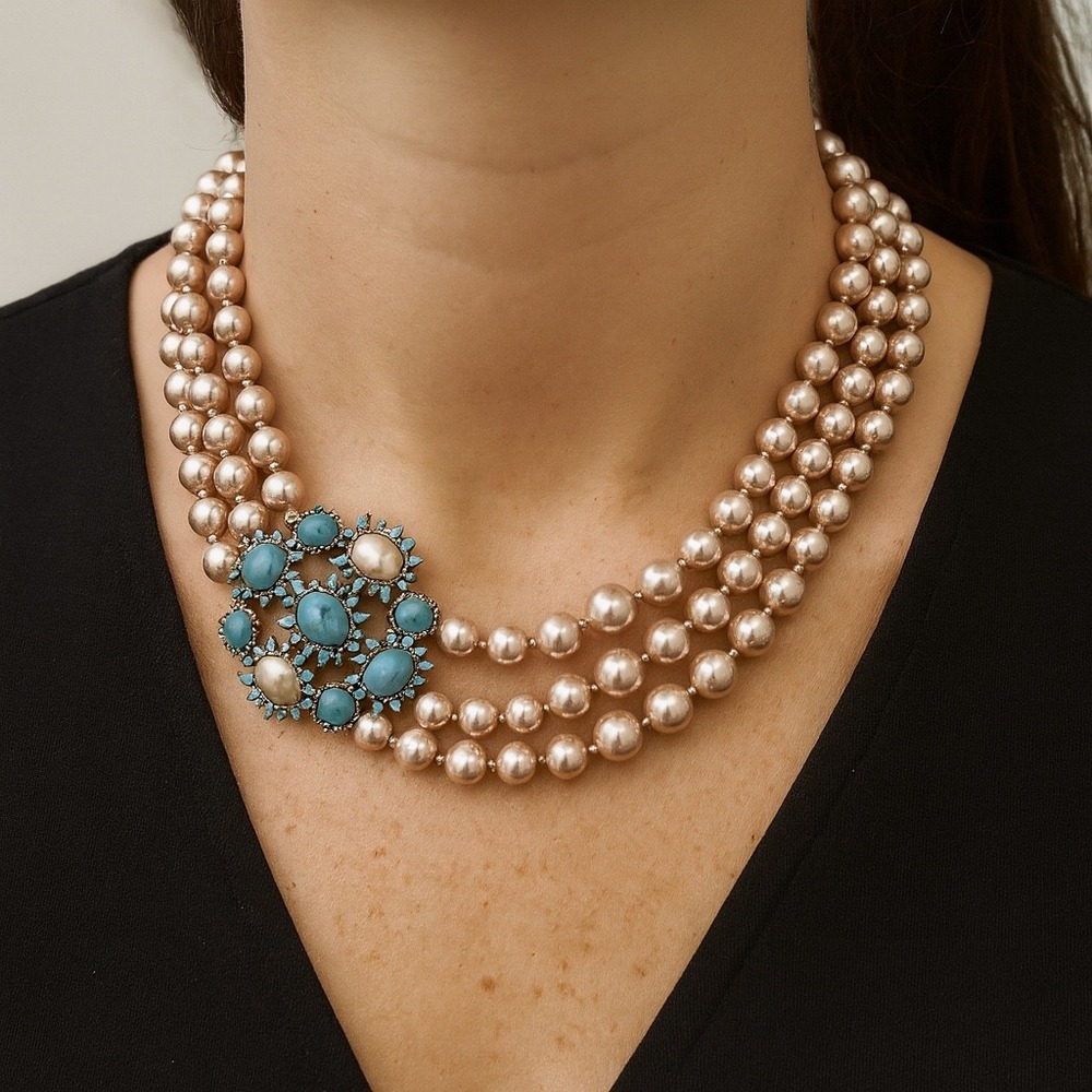 Luxury Vintage Style Necklace Blue&Blush Gem Cluster 3 Strand 18" Any Occassion